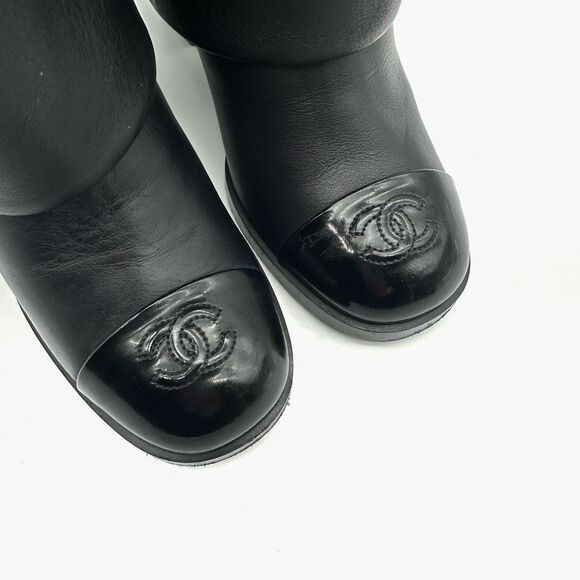 CHANEL Black CC Logo Tall Heeled Boots Size 37 Cap Toe Leather Fold Over - Picture 5 of 10